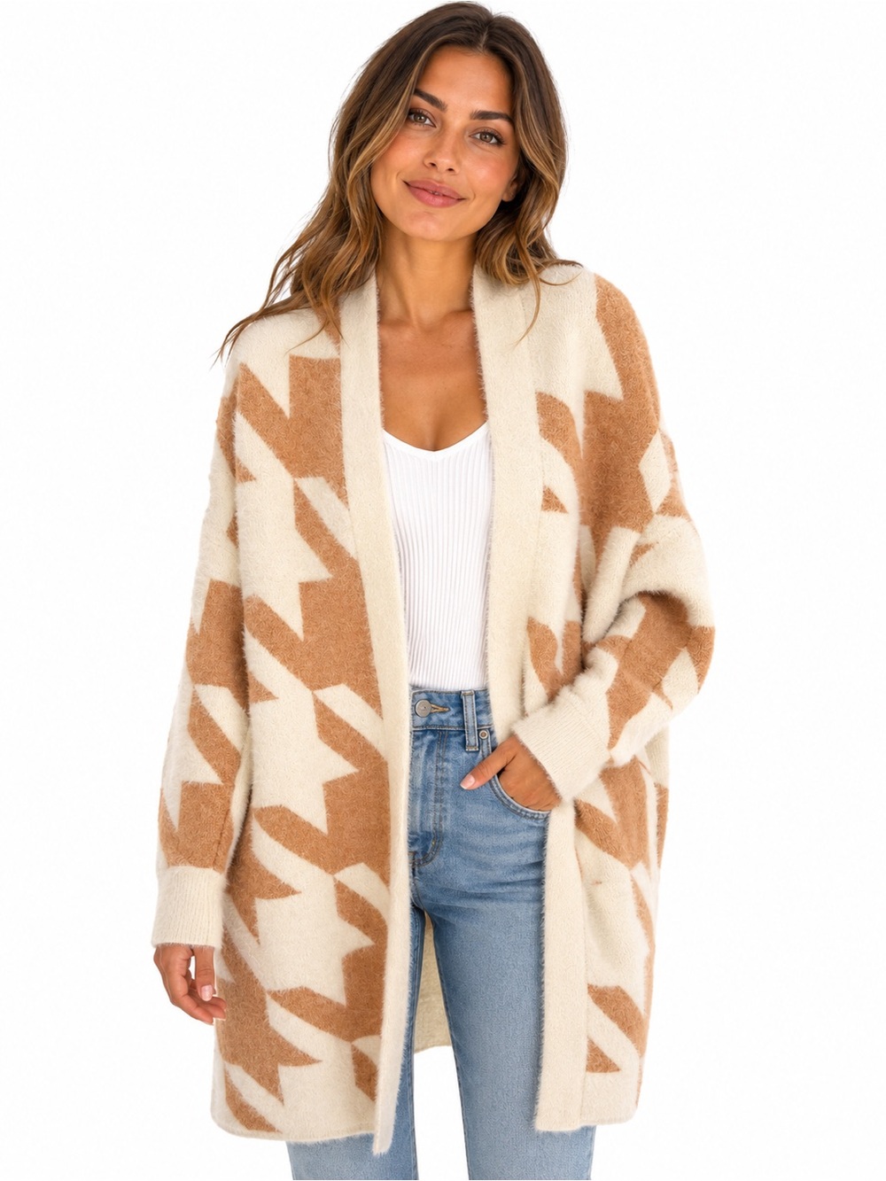 Ann Taylor Cream & Tan Geometric Open-Front Cardigan